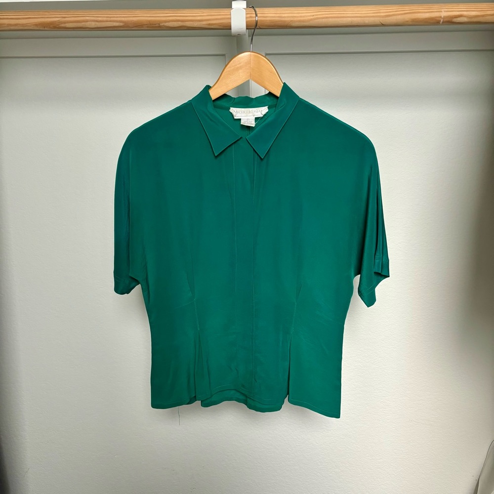 Michelle Stuart | Green Botton up Shirt Woman, Sz S/4 Petite, 100% silk